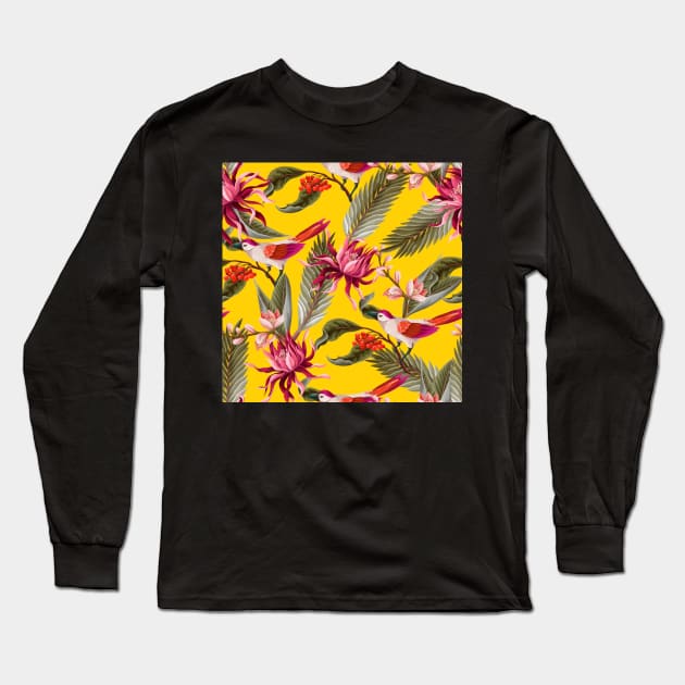exotic bird yellow pattern Long Sleeve T-Shirt by Hand-drawn